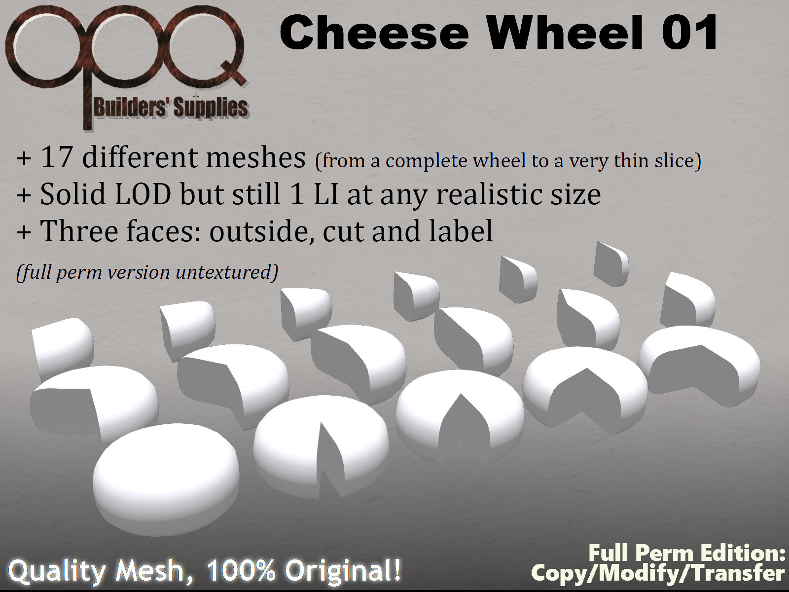 17 Full Perm untextured Cheeses OPQ Cheese Wheel 01 Kitely