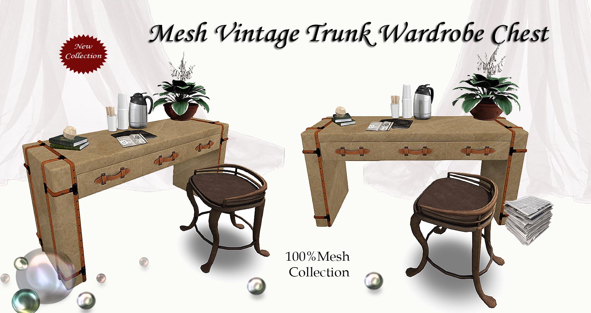 Mesh Vintage Steamer Trunk Storage Desk Kitely