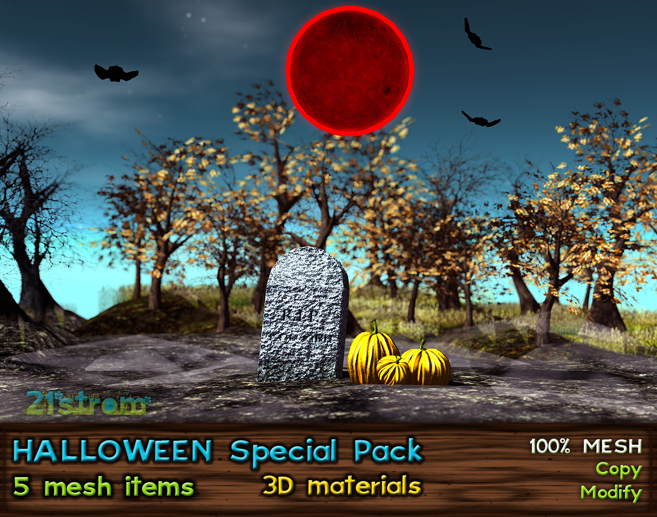 Halloween Special Pack - Moon with Bats, Pumpkins, Moving Fog | Kitely